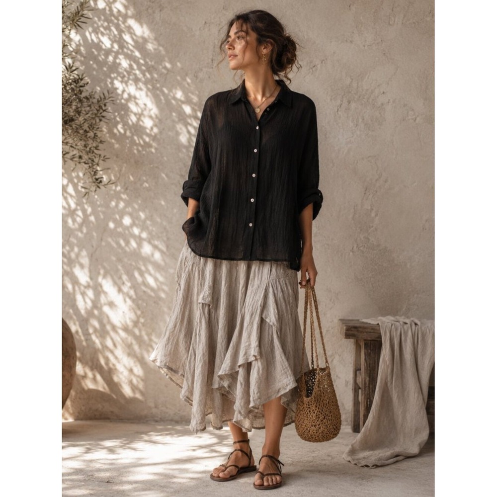 100% Linen NEW Button Front Top L Black Gauze High Low Dolman Lagenlook Natural